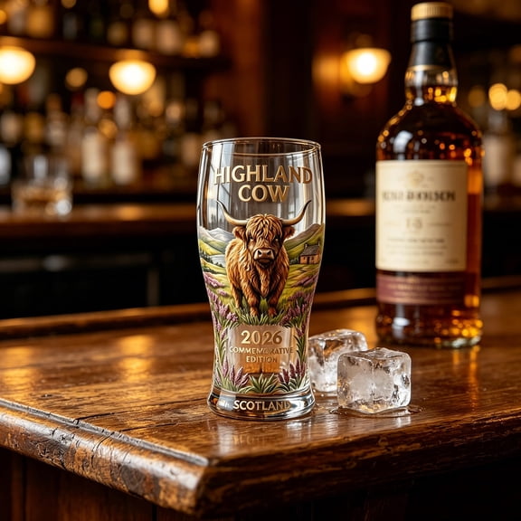 Emdiqzs Highland Cow Beer Pint Glass 2026 Commemorative Edition Printed Drinking Cup for Bar Pub Home Use
