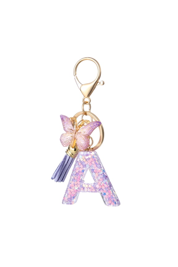 Initial Keychain Letter Keychain, Glitter Resin Letter Keychain with Butterfly Tassel, For Bag Car Key, Purple