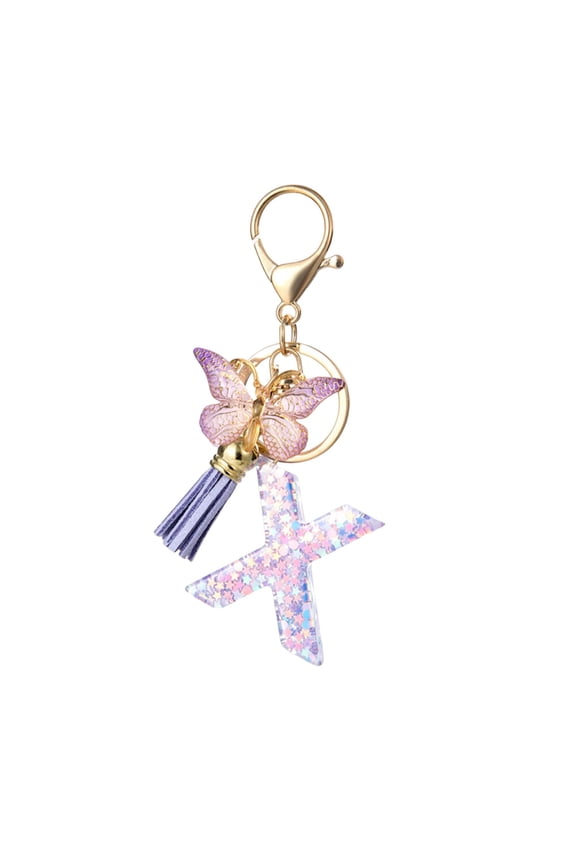 Initial Keychain Letter Keychain, Glitter Resin Letter Keychain with Butterfly Tassel, For Bag Car Key, Purple