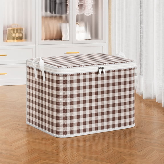 Emdiqzs Storage Bins Closet Organization, Checkered Foldable Storage Box With Lid, For Clothes Blanket, Brown White