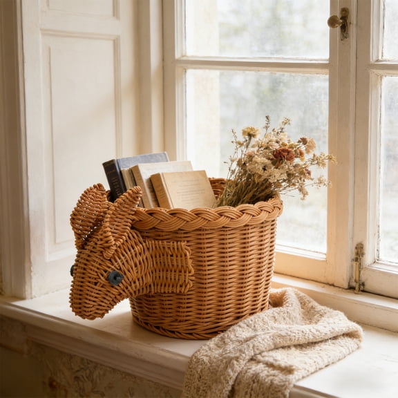 Emdiqzs Wicker Storage Basket Animal Shaped Organizer for Home Decor, Brown, Yellow