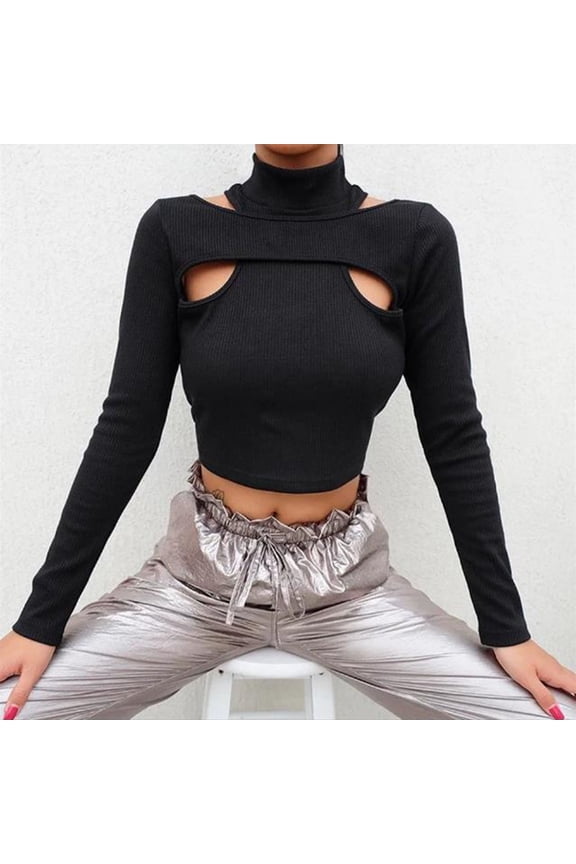 Women’s Long‑Sleeve Top – High‑Neck Cut‑Out Design , Fashion & Party Wear for Night Out & Events in Black