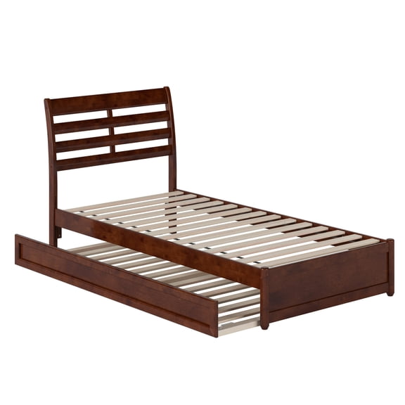 Emelie Twin XL Wood Platform Bed with Panel Footboard & Trundle in Walnut