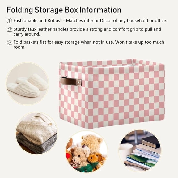 Emelivor Checkerboard Pink Storage Basket Bins Sturdy Storage Organizer Bins Laundry Basket with Handles for Living Bed Room Office Clothes,1 pcs
