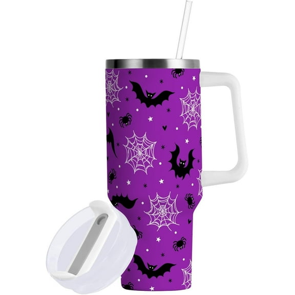 Emelivor Halloween Spider Web Bat 40 oz Tumbler with Lid and Straw Insulated Tumblers with Handle Thermal Stainless Travel Coffee Mug Cup Water Bottle Fits in Car Cup Holder