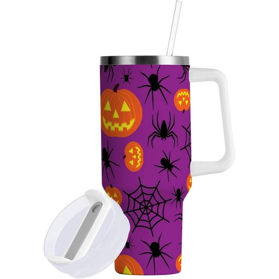 Emelivor Halloween Spider Web Pumpkin 40 oz Tumbler with Lid and Straw Insulated Tumblers with Handle Travel Coffee Mug Cup Large Water Bottles Cup for Men Women Sports Gym