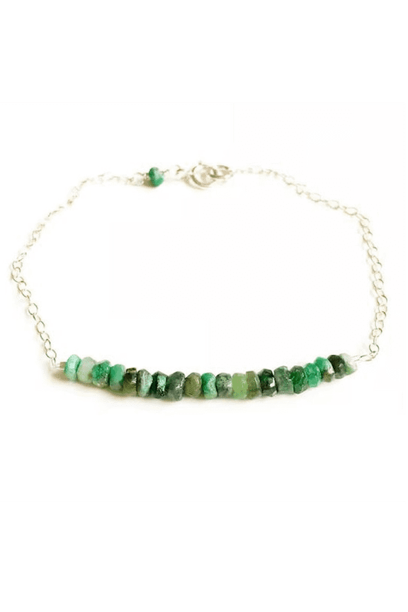 Emerald 3.5mm Rondelle Shape Rough Cut Beads 7 inch Silver Plated Clasp Bracelet for men, women, unisex. Link Chain Stacking Bracelet.|LINK_02447