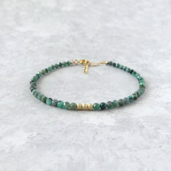 Emerald 3mm Round Shape Faceted Cut Beads 7 inch Adjustable Gold Plated Clasp Bracelet for men, women, unisex. Link Chain Stacking Bracelet.|LINK_02548