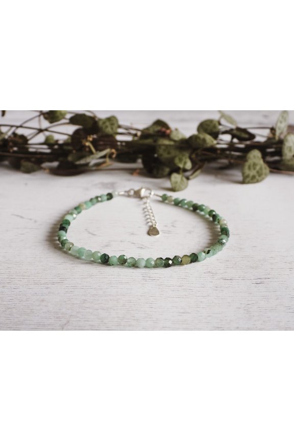 Emerald 3mm Round Shape Faceted Cut Beads 7 inch Adjustable Silver Plated Clasp Bracelet for men, women, unisex. Link Chain Stacking Bracelet.|LINK_02544