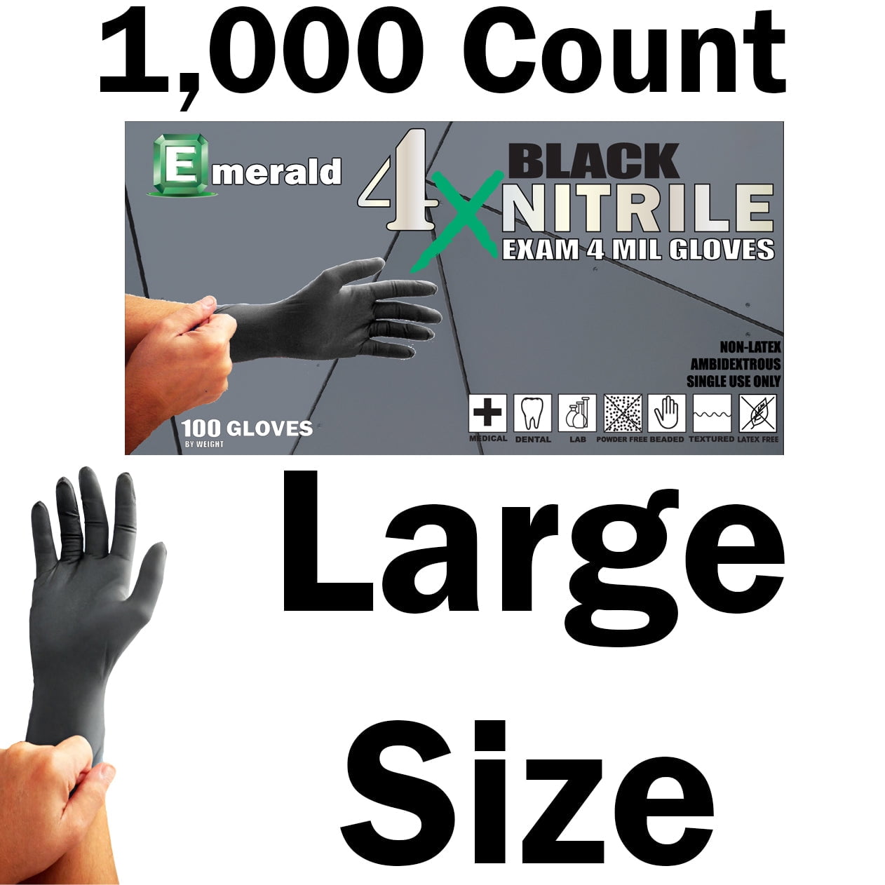 Emerald 4X Black Nitrile Gloves – 4 Mil (Case of 1,000 Gloves)