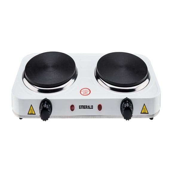 Emerald Compact & Portable, 2000W (2x1000W) Electric Double Burner 6.1" Coils Less Plate Stovetop - White
