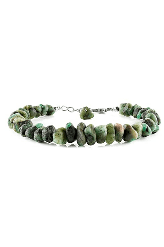 Emerald 5-6mm Nugget Tumble Shape Rough Cut Beads 7 inch Adjustable Silver Plated Clasp Bracelet for men, women, unisex. Link Chain Stacking Bracelet.|LINK_02388
