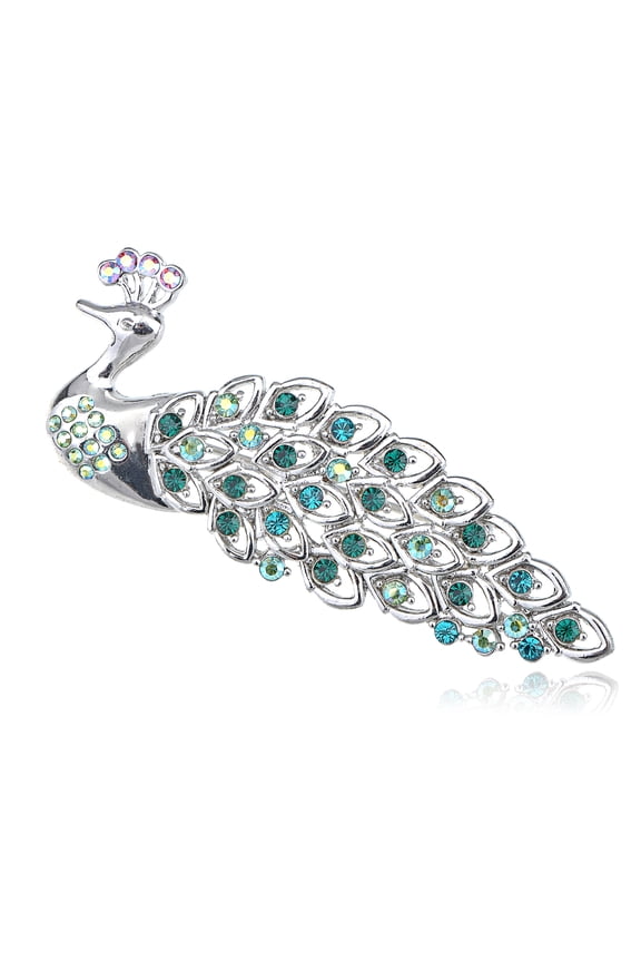 Emerald AB Crystal Rhinestone Iridescent Blue Feather Peacock Brooch Pin