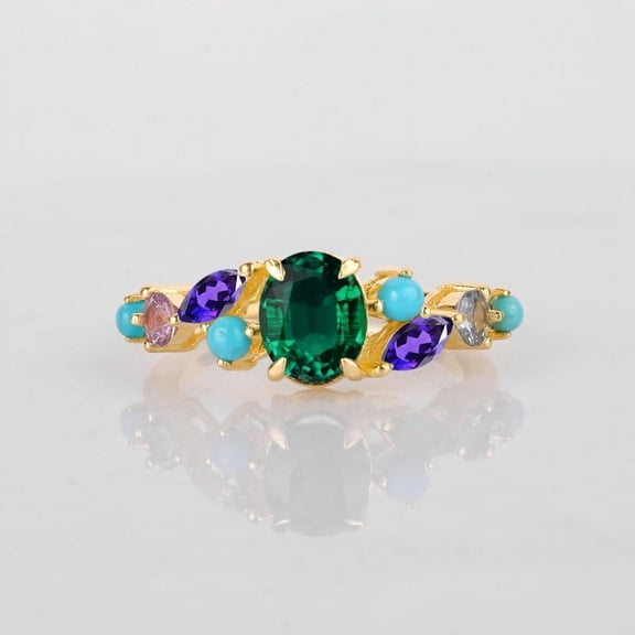 Emerald And Amethyst Cluster Wedding Ring, Multy Stone Bridal Handmade Ring, 925 Silver Birthstone Ring, Turquoise Cabochon Proposal Ring, Minimalist Handmade Fine Jewelry,