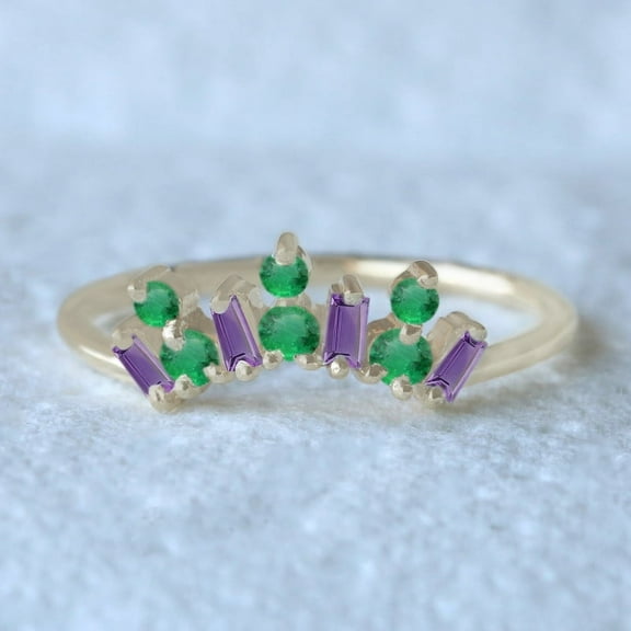 Emerald & Amethyst Crown Handmand Jewelery Ring, Wave Jewelry Gamstone Ring , Anniversary Gift Jewelry, Baguette Round Cut Band Ring, 925 Starling Silver Rings, Light Weight.