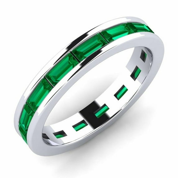 Emerald Band, Baguette Cut Green Emerald Diamond Band, Full Eternity Diamond Wedding Band, Channel Set Diamond Band, Gemstone Band Ring, 14K White Gold Plated, 2.1 Ct Simulated Emerald
