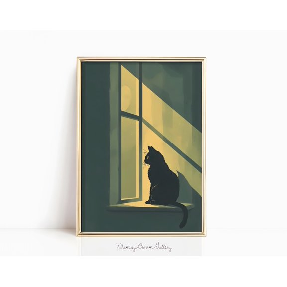Emerald Black Cat Shadow Figure Wall Decor Unframed Paper Print