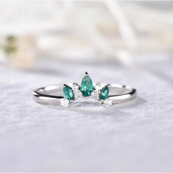 Emerald CZ Diamond Stackable Matching Band Curved Chevron Engagement Ring Promise Ring 925 Sterling Silver Gemstone Jewelry For Women Gift