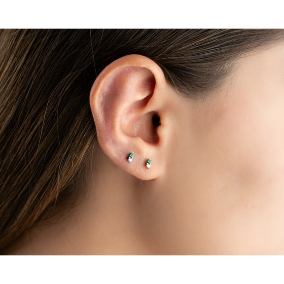 Emerald-CZ Push in flat back Labret Stud, Tiny Emerald Stud, Two Stone Earrings, Tragus Stud, Nap earring, Helix Stud Cartilage Stud