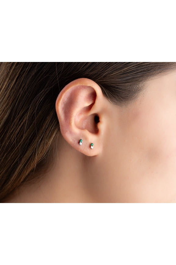 Emerald-CZ Push in flat back Labret Stud, Tiny Emerald Stud, Two Stone Earrings, Tragus Stud, Nap earring, Helix Stud Cartilage Stud