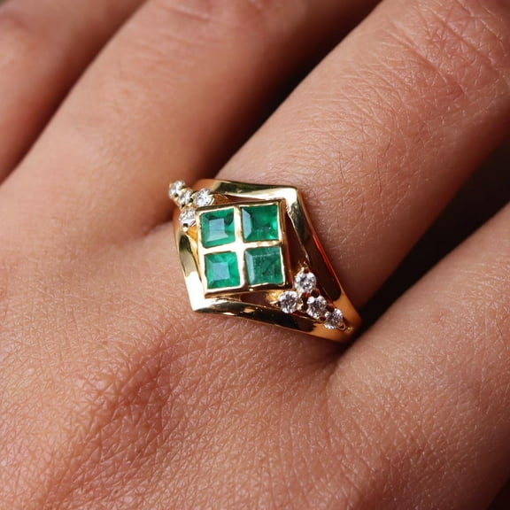 Emerald CZ Sterling Silver Cocktail Ring - 14K Gold Plated