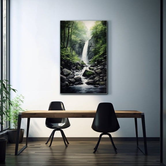 Emerald Cascade Waterfall Misty Forest Wall Decor Unframed Paper Print