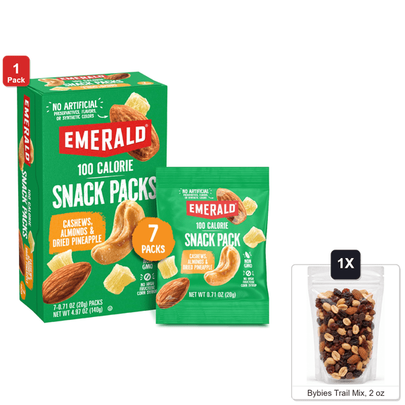 Emerald Cashew, Almond and Dried Pineapple Mix, 1 Box with 7 Counts, with Bybies Trail Mix, 2 oz