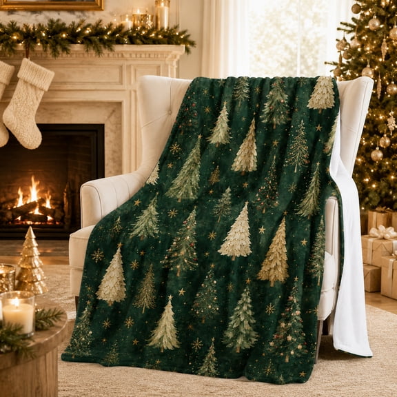 Emerald Christmas Tree Blanket with Gold Stars and Snowflakes, Watercolor Evergreen Flannel Holiday Throw for Sofa, Bed and Seasonal Home Styling, 30 x 40 in