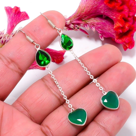 Emerald & Chrome Diopside (Simulated) 925 Sterling Silver Earring 2.81" E10