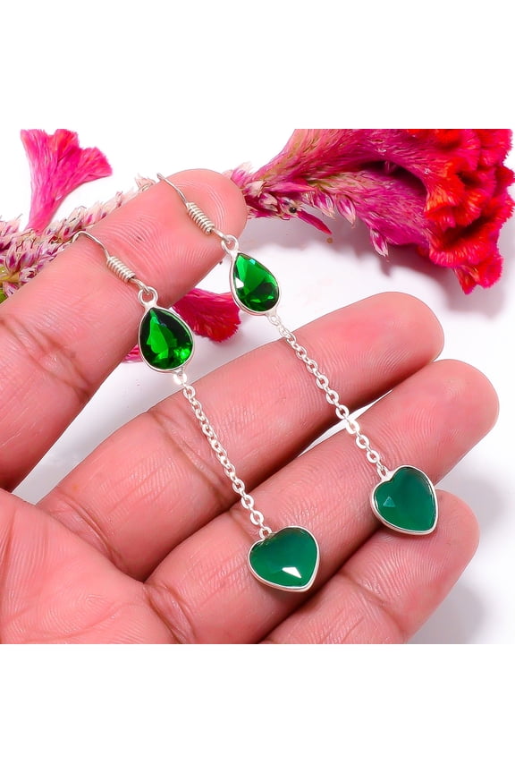 Emerald & Chrome Diopside (Simulated) 925 Sterling Silver Earring 2.81" E7