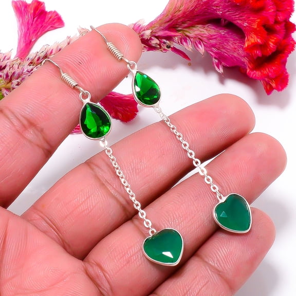 Emerald & Chrome Diopside (Simulated) 925 Sterling Silver Earring 2.81" E7