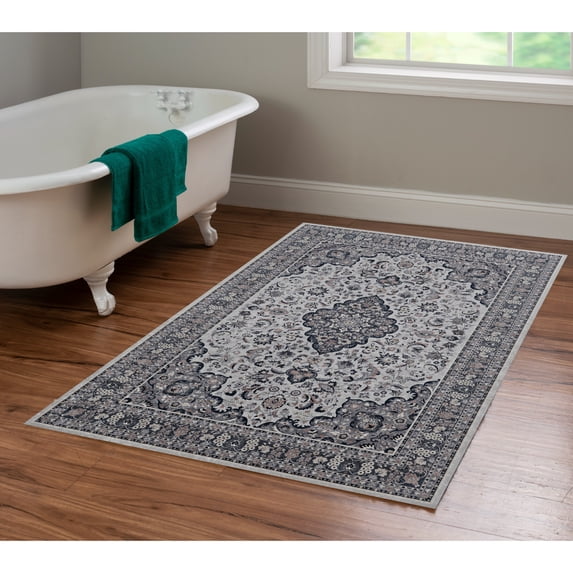 Contemporary Home Living 3.25' x 5' Floral Medallion Area Throw Rug - Cream and Gray