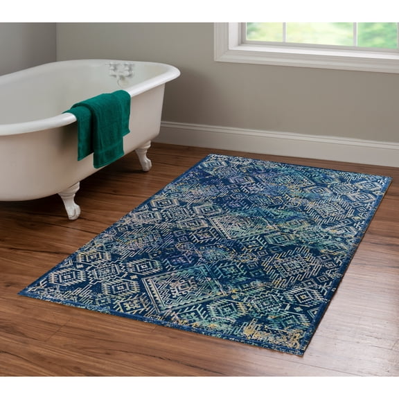 Contemporary Home Living 3.25' x 5' Tribal Diamond Area Throw Rug - Navy Blue and Teal