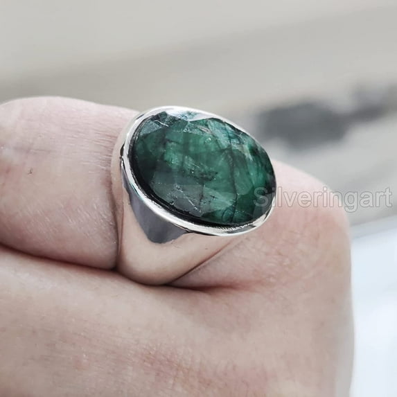 Emerald Corundum Mans Ring, Natural Emerald Corundum, May Birth Ring, Silver Jewelry, 925 Silver Ring, Gift, Heavy Mens Ring, Arabic Design, Ottoman Style Ring, Christmas, Turkey Mens Signet Ring
