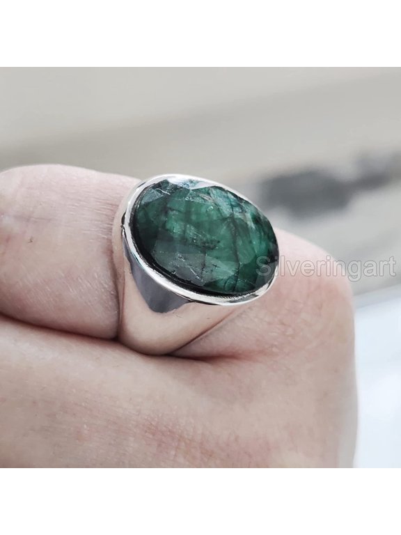 Emerald Corundum Mans Ring, Natural Emerald Corundum, May Birth Ring, Silver Jewelry, 925 Silver Ring, Gift, Heavy Mens Ring, Arabic Design, Ottoman Style Ring, Christmas, Turkey Mens Signet Ring