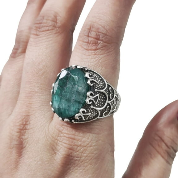 Emerald Corundum Mans Ring, Natural Emerald Corundum, May Birth Ring, Silver Jewelry, 925 Silver Ring, Gift, Heavy Mens Ring, Arabic Design, Ottoman Style Ring, Christmas, Turkey Mens Signet Ring