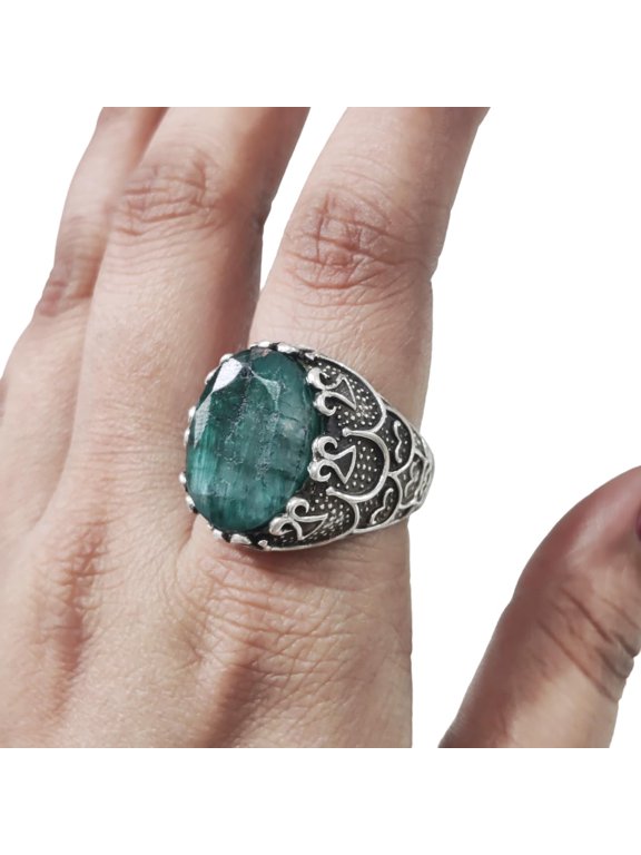 Emerald Corundum Mans Ring, Natural Emerald Corundum, May Birth Ring, Silver Jewelry, 925 Silver Ring, Gift, Heavy Mens Ring, Arabic Design, Ottoman Style Ring, Christmas, Turkey Mens Signet Ring