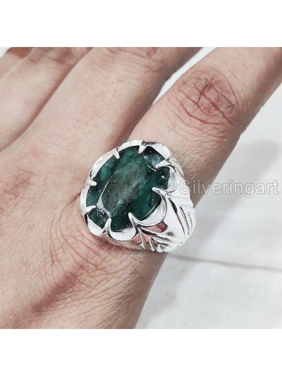 Emerald Corundum Mans Ring, Natural Emerald Corundum, May Birth Ring, Silver Jewelry, 925 Silver Ring, Gift, Heavy Mens Ring, Arabic Design, Ottoman Style Ring, Christmas, Turkey Mens Signet Ring