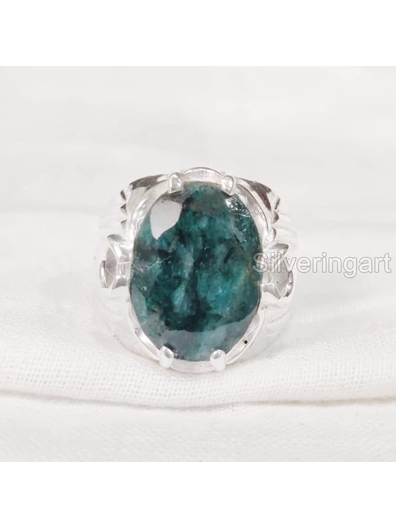 Emerald Corundum Mans Ring, Natural Emerald Corundum, May Birth Ring, Silver Jewelry, 925 Silver Ring, Gift, Heavy Mens Ring, Arabic Design, Ottoman Style Ring, Christmas, Turkey Mens Signet Ring