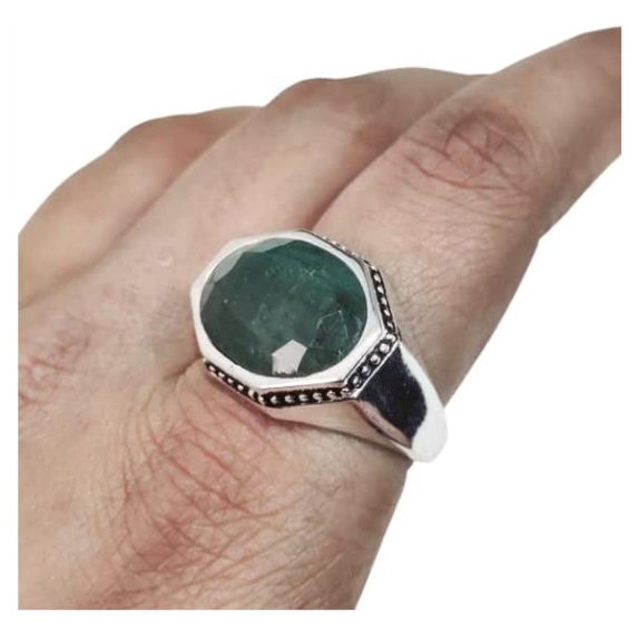 Emerald Corundum Mans Ring, Natural Emerald Corundum, May Birth Ring, Silver Jewelry, 925 Silver Ring, Gift, Heavy Mens Ring, Arabic Design, Ottoman Style Ring, Christmas, Turkey Mens Signet Ring