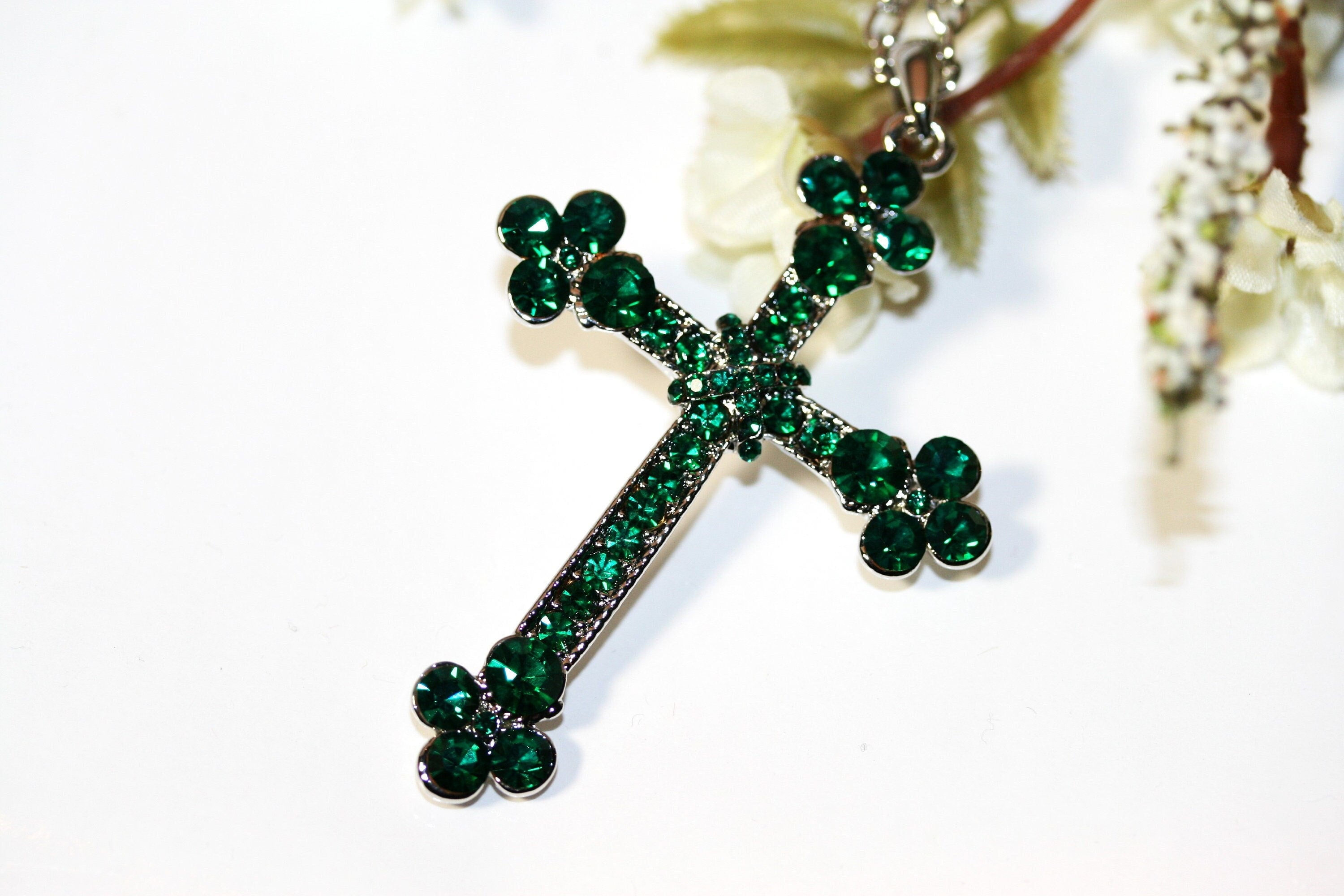 EMERALD CUT RAINBOW CROSS NECKLACE