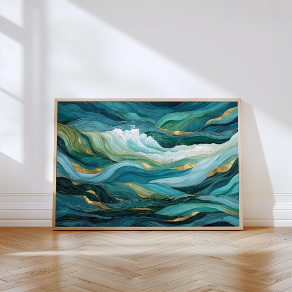 Emerald Currents Wave Wall Art Ocean Motion Decor Unframed Paper Print