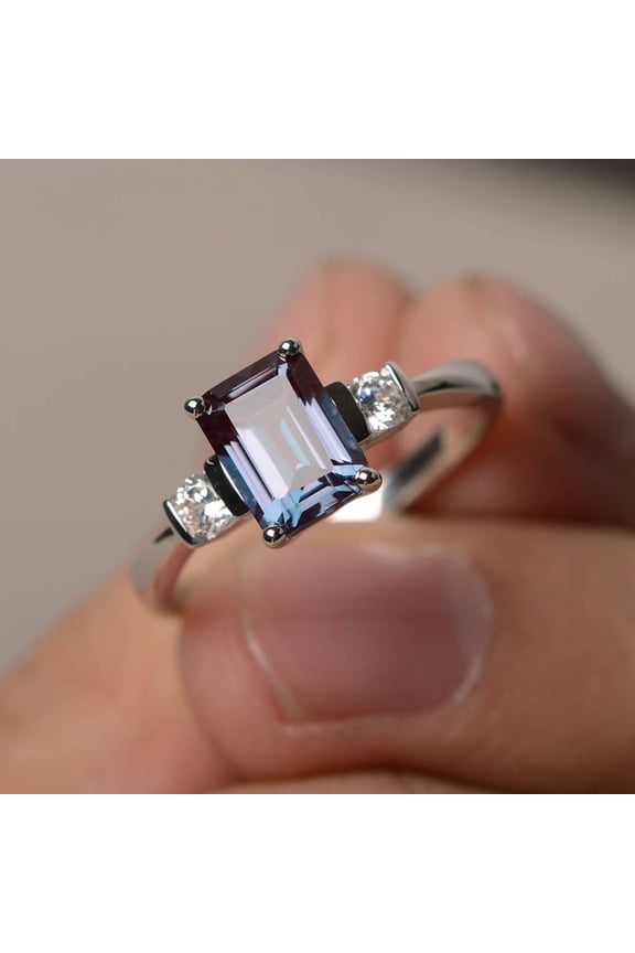 Emerald Cut Alexandrite Promise Ring June Birthstone Solid Silver Color Changing rectangle ring