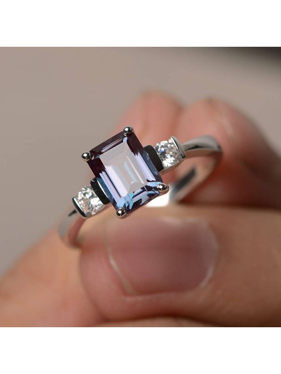 Emerald Cut Alexandrite Promise Ring June Birthstone Solid Silver Color Changing rectangle ring