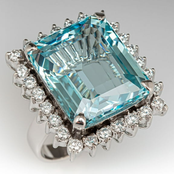 Emerald Cut Aquamarine Cocktail Ring Moissanite Accented Halo Wedding Ring 925 Sterling Silver Ring March Birthstone Ring