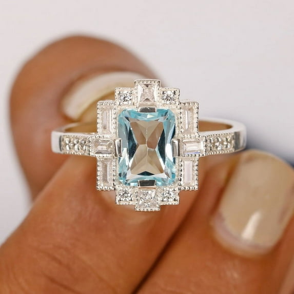 Emerald Cut Aquamarine Ring, Diamond Vintage Ring, 925 Sterling Silver Ring, Bridal Ring, Dimoand Halo Ring, Statement Ring, Gift For Her