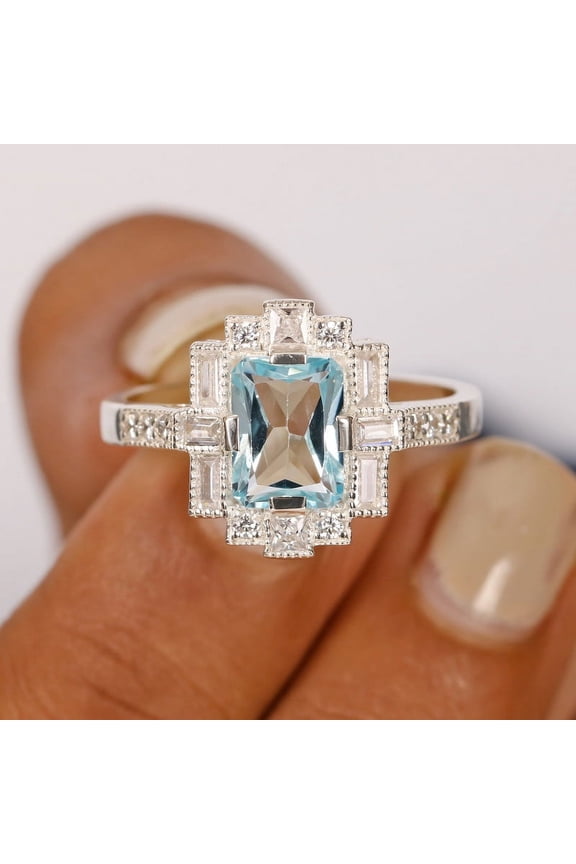 Emerald Cut Aquamarine Ring, Diamond Vintage Ring, 925 Sterling Silver Ring, Bridal Ring, Dimoand Halo Ring, Statement Ring, Gift For Her