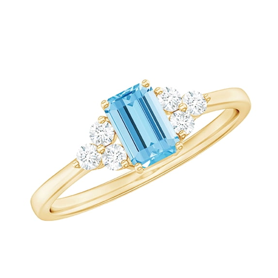 Rosec Jewels Aquamarine Emerald Cut Engagement Ring for Women - AAA Quality - Natural Aquamarine Diamond Ring - with Jewelry Box, 10K Yellow Gold, US 4.50