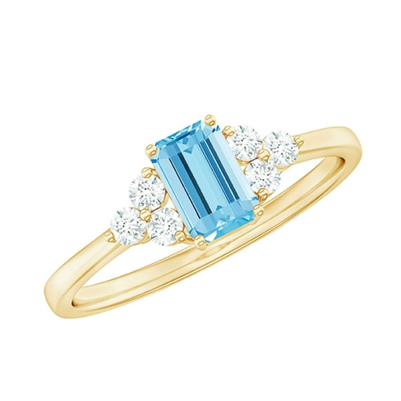 Rosec Jewels Emerald Cut Aquamarine Solitaire Ring with Diamond for Women - 1 CT, 10K Yellow Gold, US 5.50