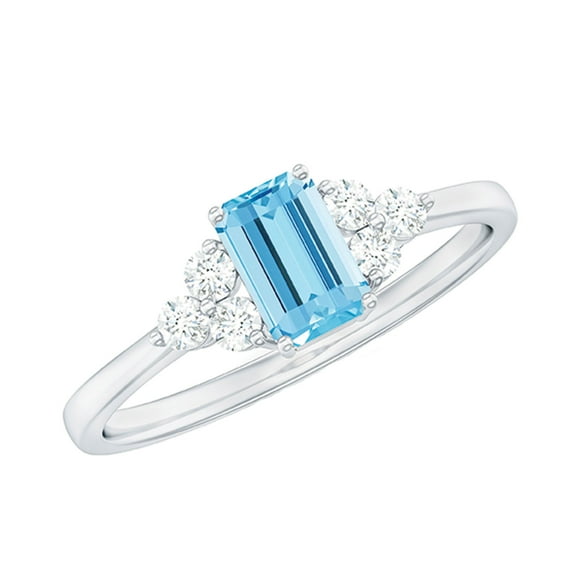 Rosec Jewels Aquamarine Emerald Cut Engagement Ring for Women - AAA Quality - Natural Aquamarine Diamond Ring - with Jewelry Box, 925 Sterling Silver, US 12.50